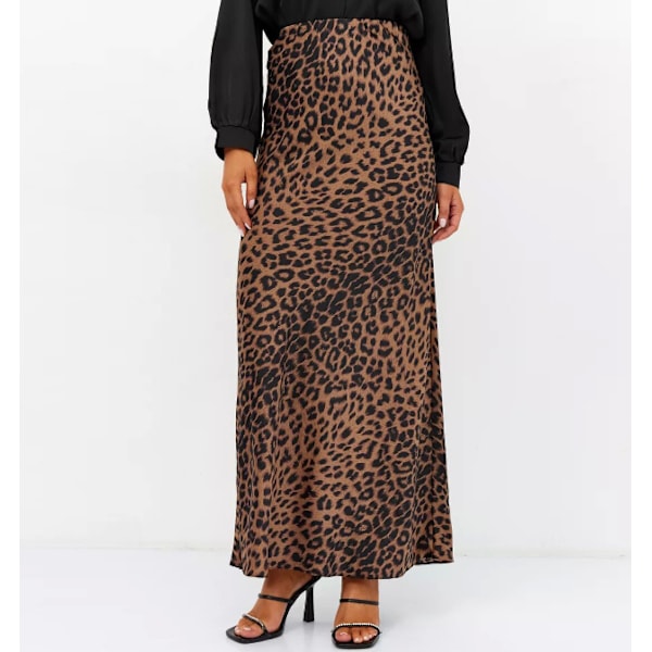 Satin Leopard Print Skjørt Højtaljet Elastisk Talje Langt Skjørt brown M