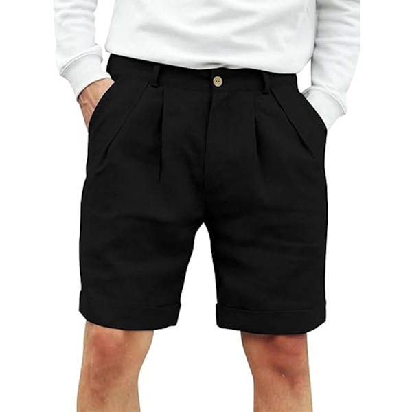 Herre Bomullslin Flat Front Shorts, Elastisk Midje Strandshorts black 2XL