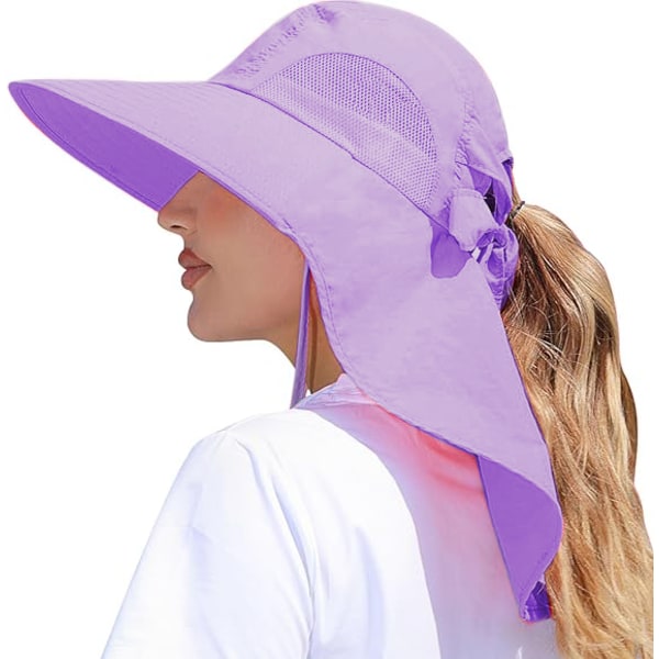 Dam solhatt UV-skydd bred brätte fiskehatt med hästsvanshål nackskydd Purple