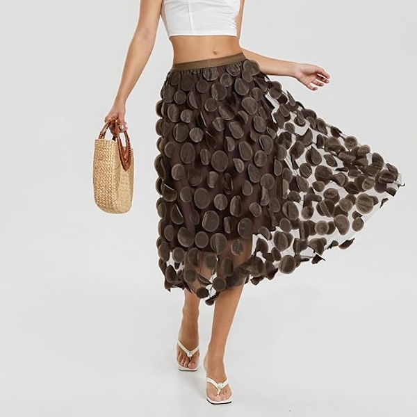 Tullkjol Kvinna 3D Polka Dot Elastisk Midja Mesh Midi Kjolar brown
