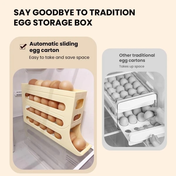 4-vånings ägghållare ägghållare för kyl, Automatisk rullande äggbricka Förvaring 30 äggbehållare White 1 Pcs