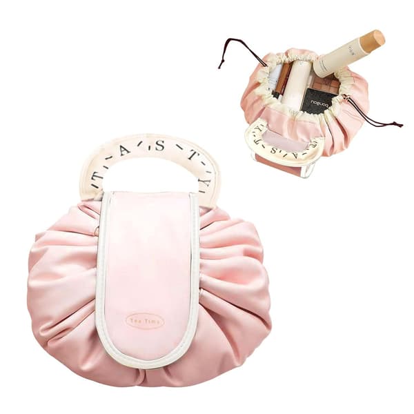 Flat Makeup Bag med Trekkstreng, Bærbar Lazy Pull String Magic Kosmetikkveske pink