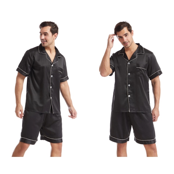 Herrar siden satin pyjamas set kortärmad skjorta topp och shorts black L