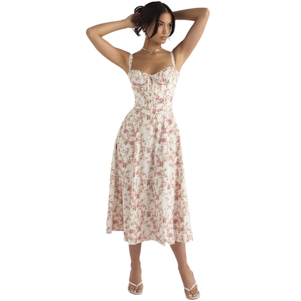 Naisten kesämekko, kukallinen boho-mekko, neliöaukkoinen, olkaimellinen, keinuva white M