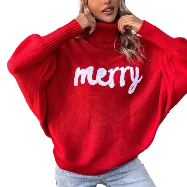 Damtröja med polokrage Merry Christmas Stickad Pullover Sweatshirt Red M