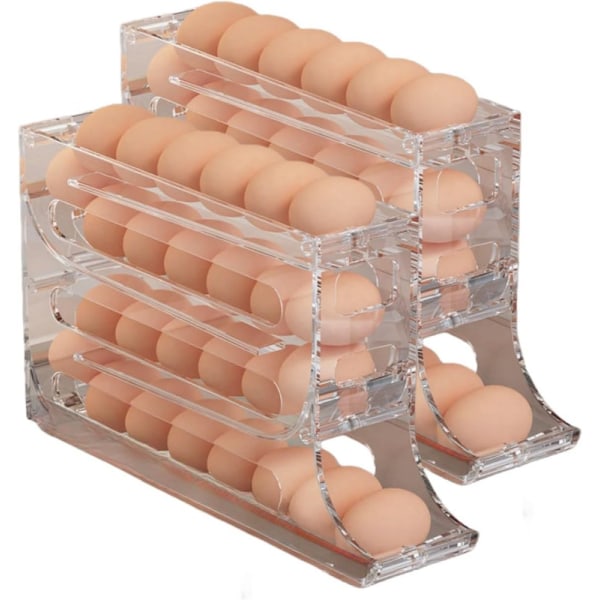 2 stk Eggholder til kjøleskap, Eggdispenser Automatisk Rullende Eggbrett Oppbevaring 30 egg Transparent 2PCS