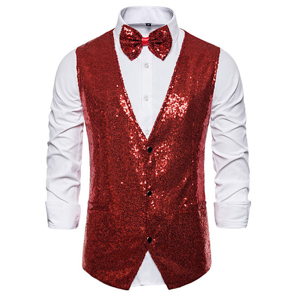 Menn's Skinnende Sekvensvest V-Hals Regular Fit Festkjole Dressjakke Vest Sløyfe 2 Deler red L