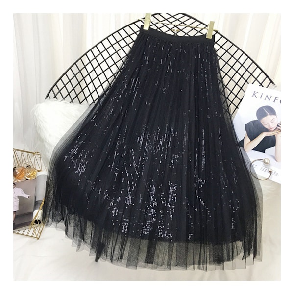 Sequin Lang Tulle-Skjørt Lagdelt Flytende Fe-Glitter Mesh Skjørt