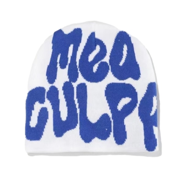 Dam Beanie med Grafisk Skalle MEA Culpa Y2K Stickad Beanie Varm Vinterhatt White & Blue