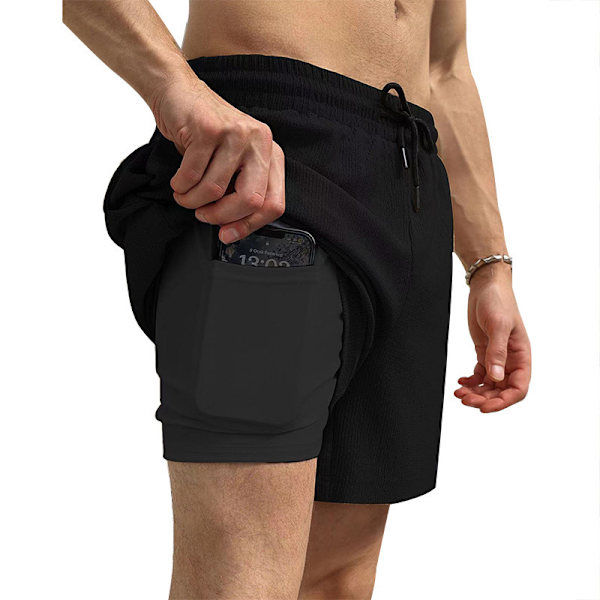 Herr 2 i 1 löparshorts träningsbyxor med foder black XL
