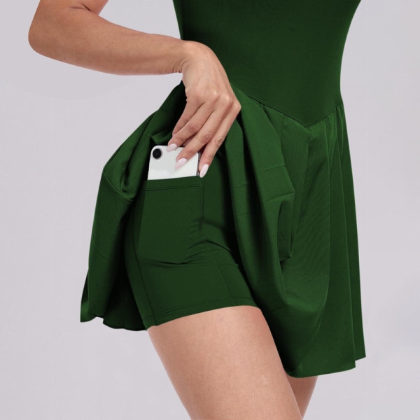 Tennisklänning för kvinnor med inbyggda shorts Plisserad träningspass Athletic Golf Romper Dress Green M