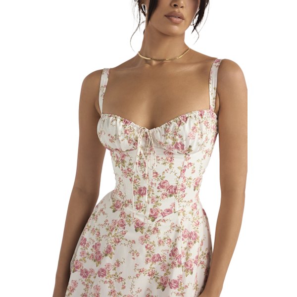Sommerkjole for kvinner, Boho-stil, blomstermønster, firkantet hals, stropper, svingende white L