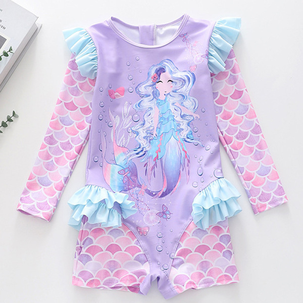 Jente-badeantrekk med lang erme, mermaid-design og rynker, UV-beskyttelse Color 4 4XL
