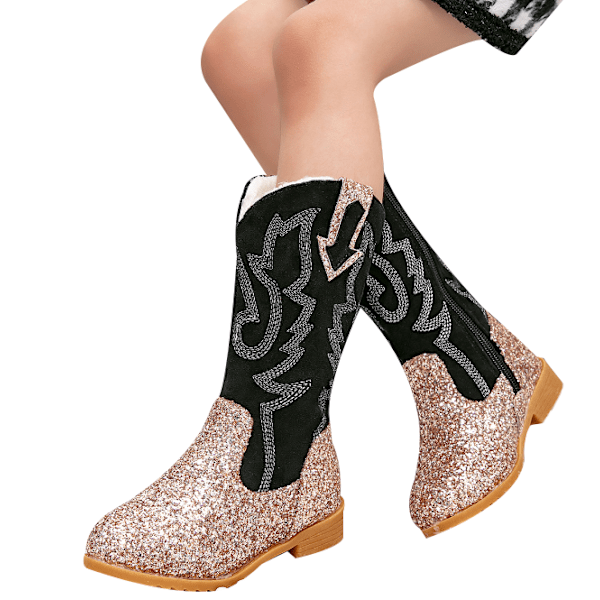 Flickiga Cowgirl-stövlar för flickor Unisex-barn Mid Calf Glitter Toddler Cowboy Boot gold 25