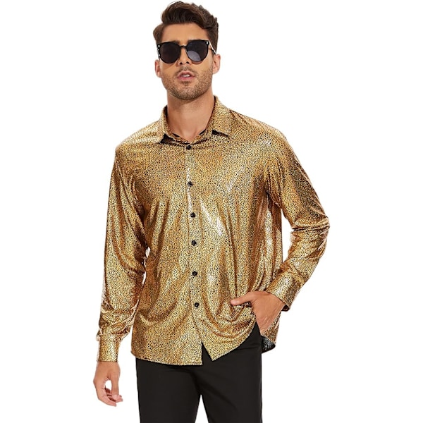 Herrar Skjortor Blanka Långärmade Helskjortor med Knappar gold 2XL