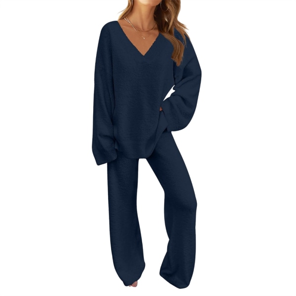 Kvinnors 2-delade outfits Fuzzy Fleece Pyjamas Set Långärmad Loungewear Black 2XL