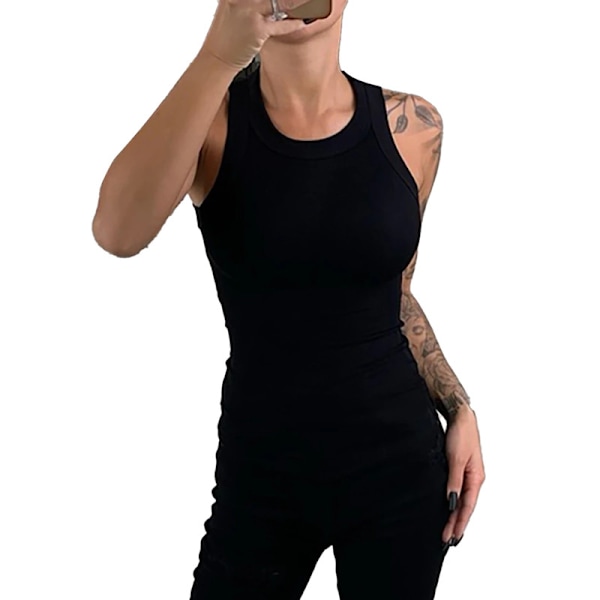 Naisten Yksivärinen Pyöreäkaulainen Ribattu Tank Top Camisole Naisten Kesä O-Kaulainen Tank Top Black M