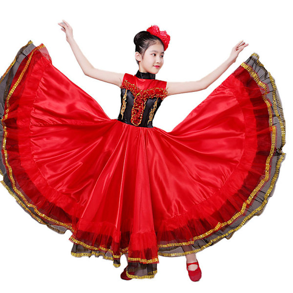 Tyttöjen Espanjalainen Flamenco-Härkätaisteluasu, Iso Heilahtava Mekko red 130