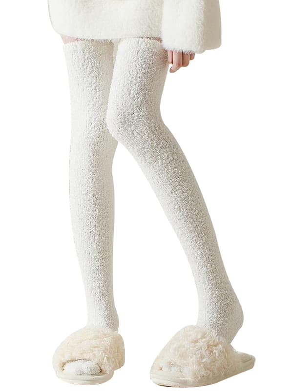 Vintervarme korallfleece overkneesokker for kvinner white