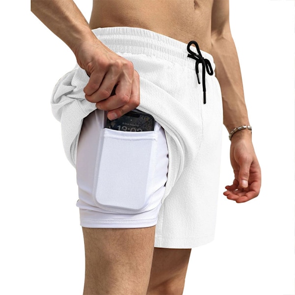 Mænds 2-i-1 Løbeshorts Atletiske Shorts med Foring white XL