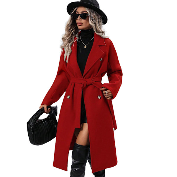 Lang ullkåpe for kvinner med hakket revers, dobbeltknappet trenchcoat red XL