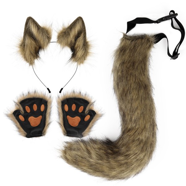 Kissankorvat ja -häntäsetti, keinotekoinen turkki, petoeläinten kynnet, cosplay, Halloween-juhlatarvikkeet Light Brown