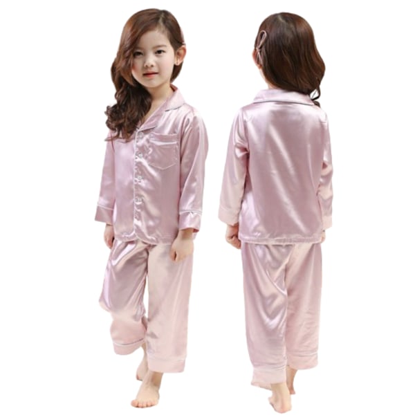 Pyjamassett med lange ermer for barn, knappestopping i silke pink 120cm