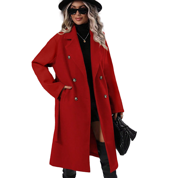 Dame Lang Uldblæserjakke med Hakket Slag, Dobbeltbrystet Trenchcoat red 2XL