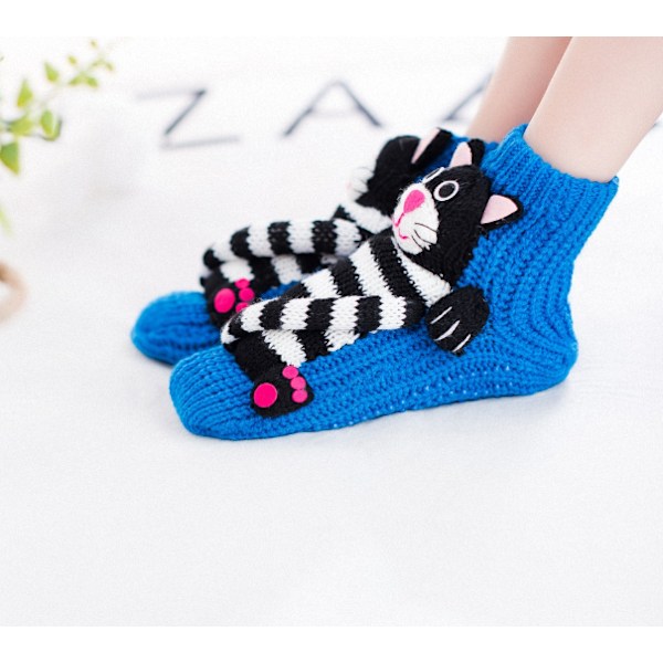 Varm vinterstrumpor för kvinnor med 3D-djurmotiv i juldesign Navy Blue Striped Cat