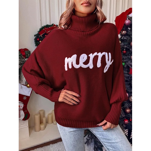 Damtröja med polokrage Merry Christmas Stickad Pullover Sweatshirt Burgundy M