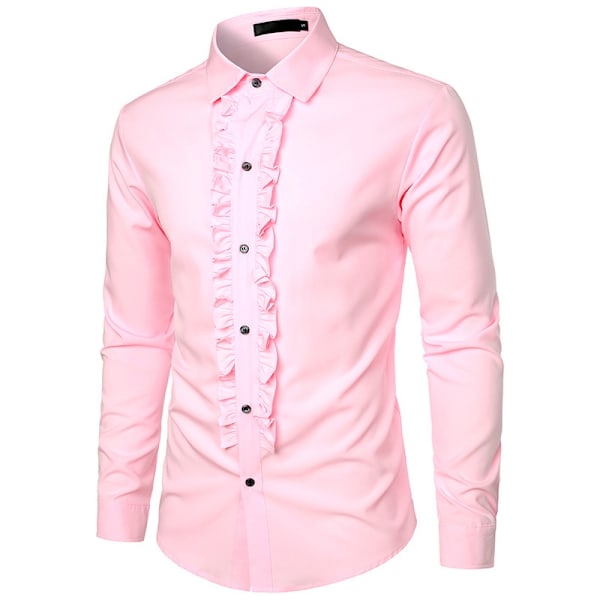 Herre Smokingsskjorte Slim Fit Ruffled Bryllup Middag Topper Skjorter pink S