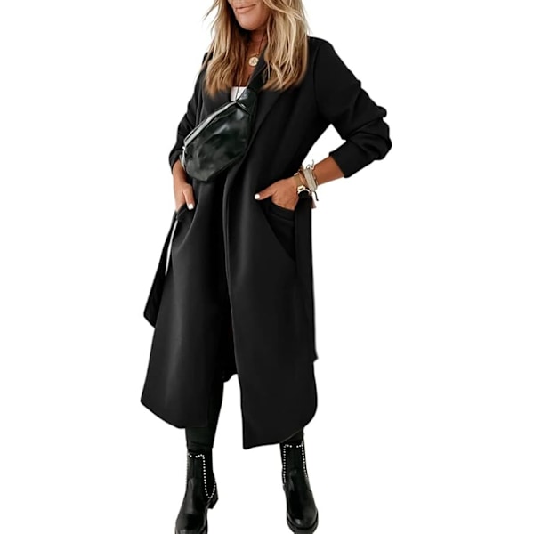 Kvinnefrakk med reverskrage, åpen front og belte, lang jakke black XXL