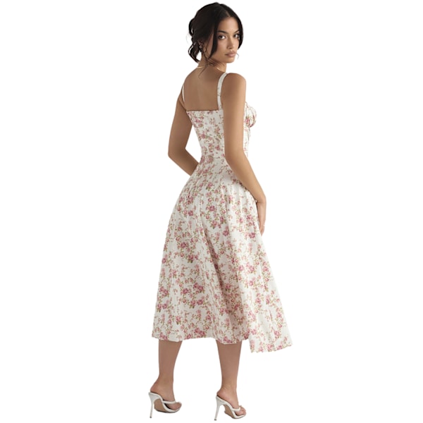 Sommerkjole for kvinner, Boho-stil, blomstermønster, firkantet hals, stropper, svingende white M