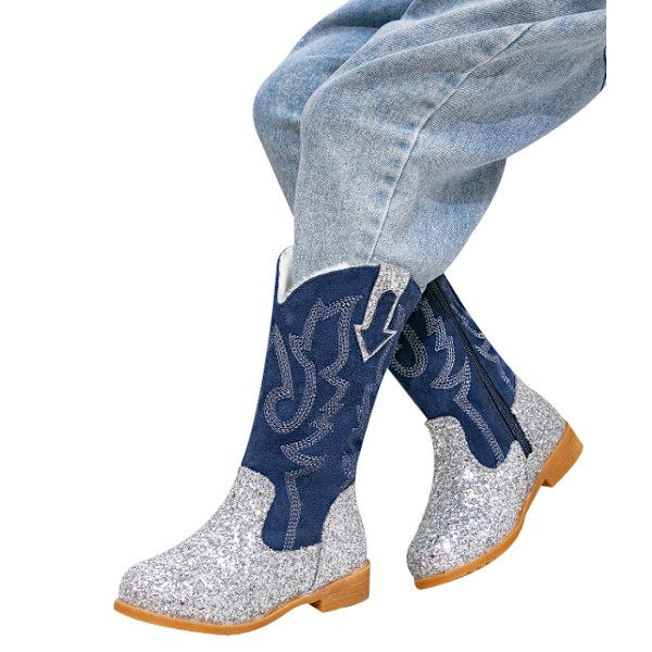 Flickiga Cowgirl-stövlar för flickor Unisex-barn Mid Calf Glitter Toddler Cowboy Boot silver 27