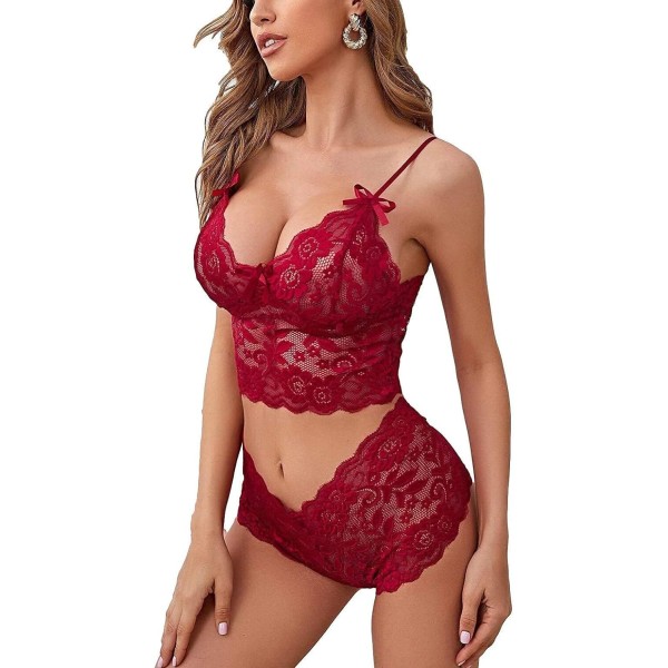 Sexig Blommig Spets Pyjamas Lingerie Set Hög Midja Nattkläder red L