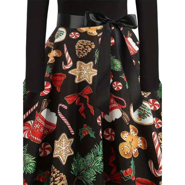 Jul grafiskt print Crew Neck Klänning, Vintage långärmad bältesklänning 2XL