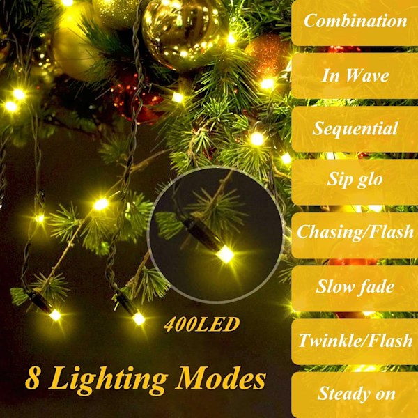 Julelysstreng for tre, 6,6FT x 16 linjer fe 400 LED-lys med fjernkontroll wram color