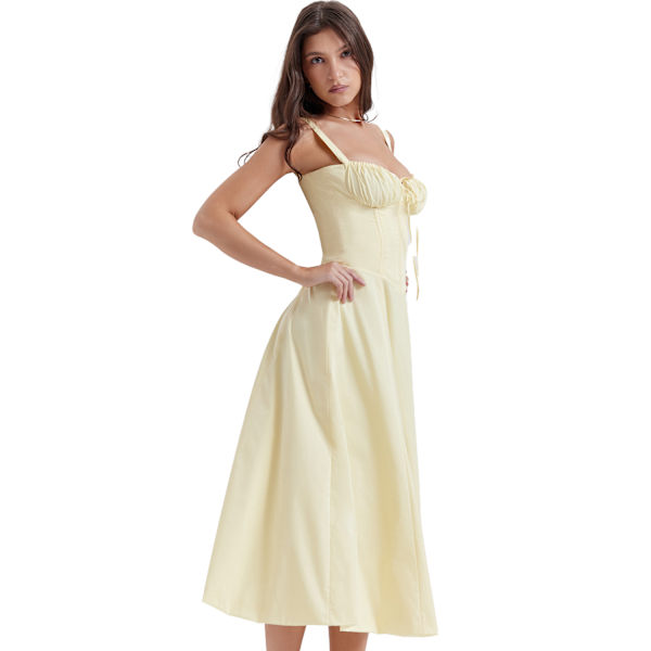 Sommerkjole for kvinner, Boho-stil, blomstermønster, firkantet hals, stropper, svingende yellow M