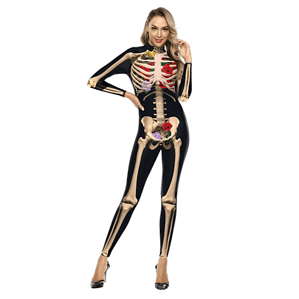 Dam Kostym Skelett Halloween Bodysuit Stretch Skinny Catsuit Jumpsuit black S