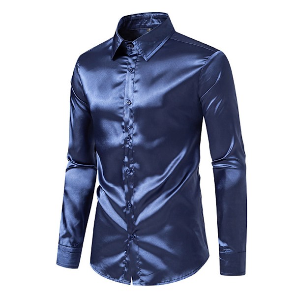 Herr glänsande slim fit satin långärmad skjorta navy blue XL