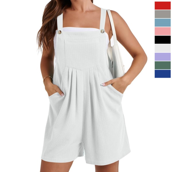 Kvinnors Sommar Casual Rompers Lös Våffel Stickad Korta Overaller Jumpsuit Med Fickor White XL