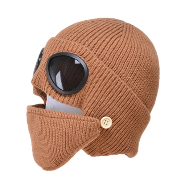 Unisex Goggle Stickad Beanie Hat Outdoor Winter Warm Ski Hat med Goggle Brown