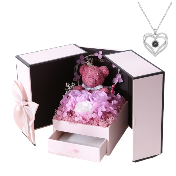 Alla hjärtans dag presenter, bevarade Rose Moss Bear presenter med hjärta jag älskar dig halsband Light Purple