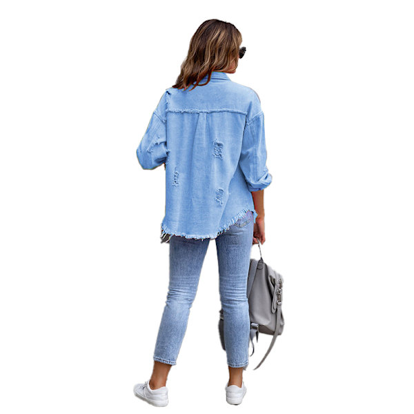 Dame Jeansjakke med Rivet og Distressed Look, Avslappet Lang Ermet Boyfriend-Stil blue M