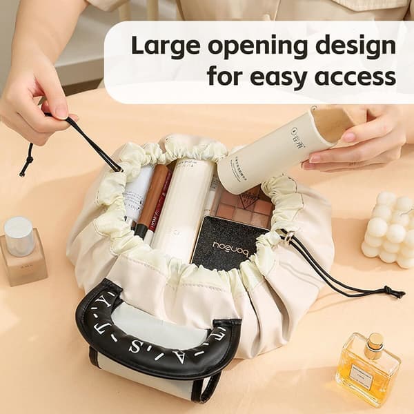 Flat Makeup Bag med Trekkstreng, Bærbar Lazy Pull String Magic Kosmetikkveske White
