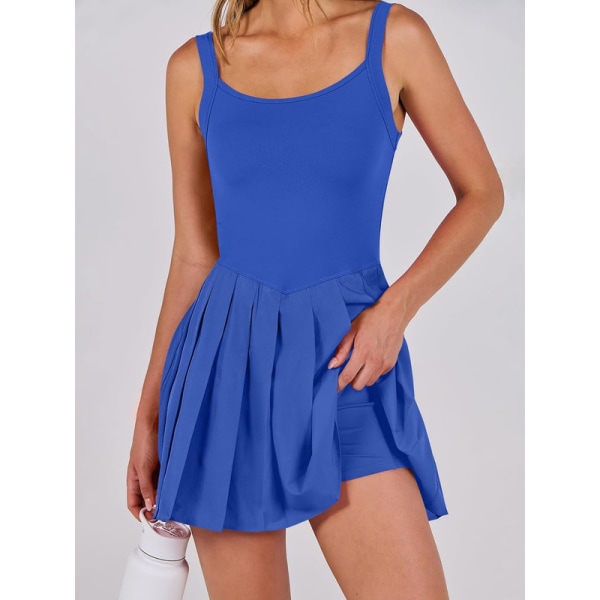 Tennisklänning för kvinnor med inbyggda shorts Plisserad träningspass Athletic Golf Romper Dress Blue XL