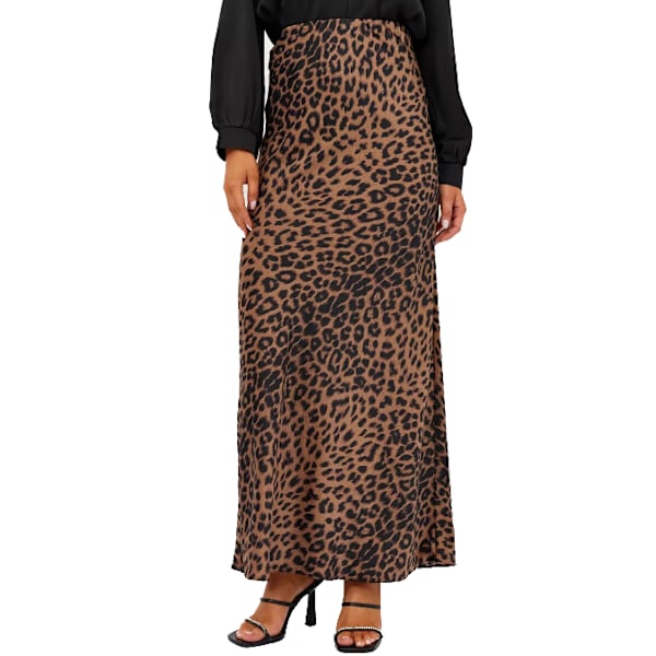 Sateng skjørt med leopardmønster, høy midje, elastisk midje, lang skjørt brown M