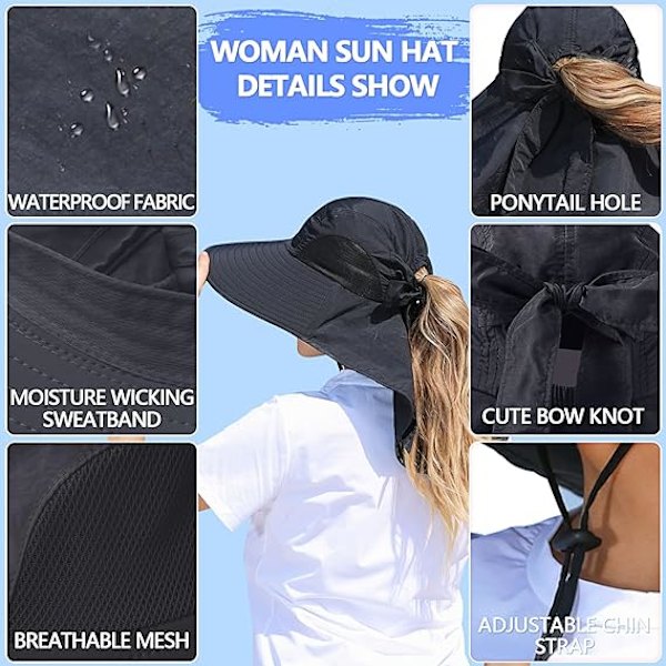 Dam solhatt UV-skydd bred brätte fiskehatt med hästsvanshål nackskydd Black