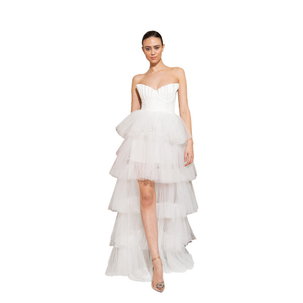 Kvinnors Högmidjade Hög-Låg Lager Tulle Golvlång Kjol white M