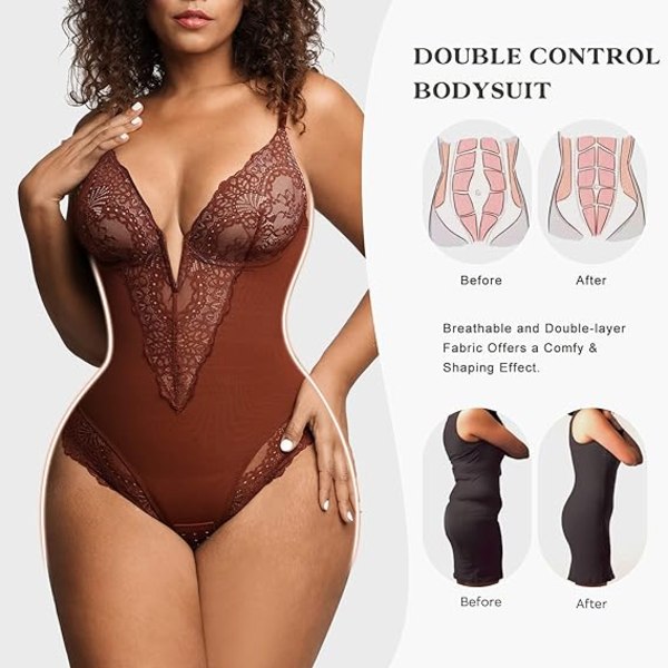 Popilush Lace Shapewear Bodysuit Kvinder V-hals Tummy Body Suit Thong Brown M